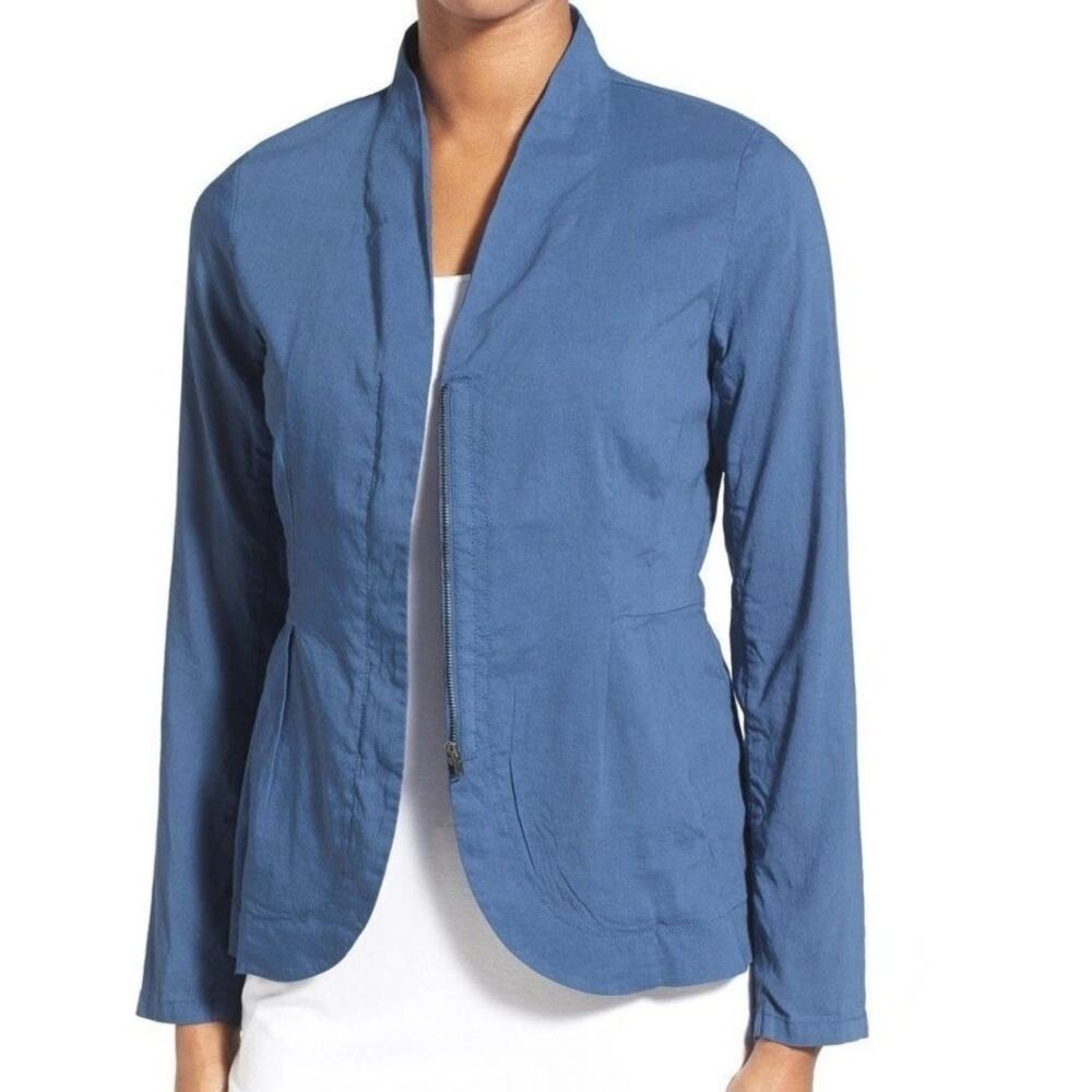Eileen Fisher Linen Blend Zip Jacket Womens Medium Blue Stand Collar Organic